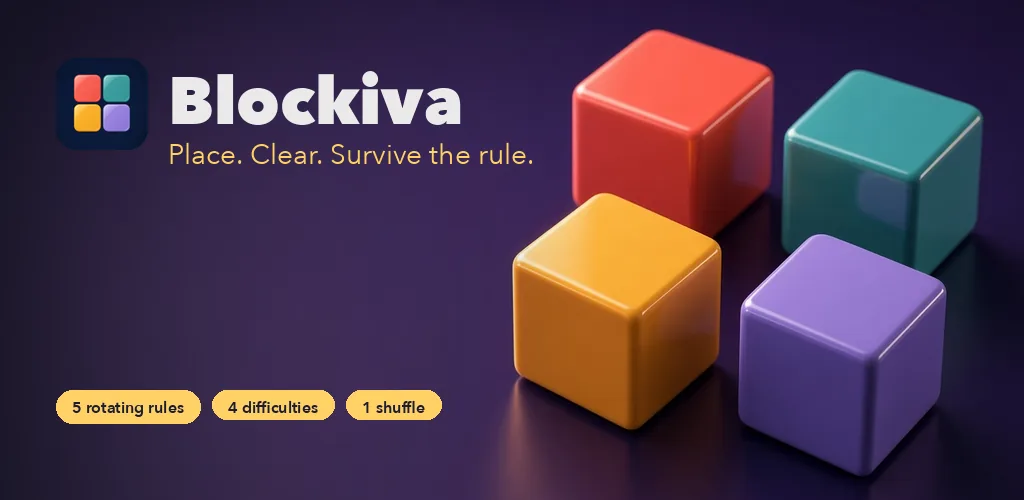Blockiva Play feature graphic — four colored cubes