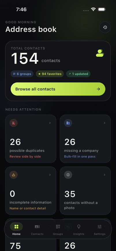 Contacts Toolbox home screen with contacts summary