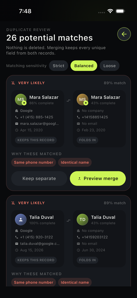 Contacts Toolbox duplicate detection screen