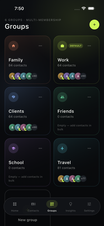 Contacts Toolbox groups management screen