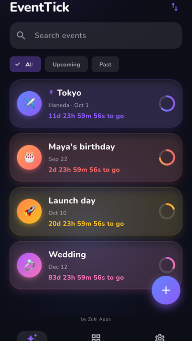 EventTick home list of countdown events