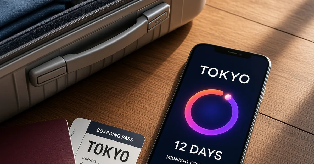EventTick lifestyle — Tokyo trip countdown beside a packed bag