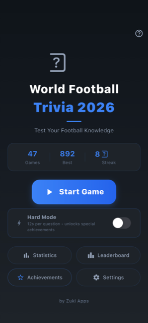 Football Trivia Master home screen with Start Game