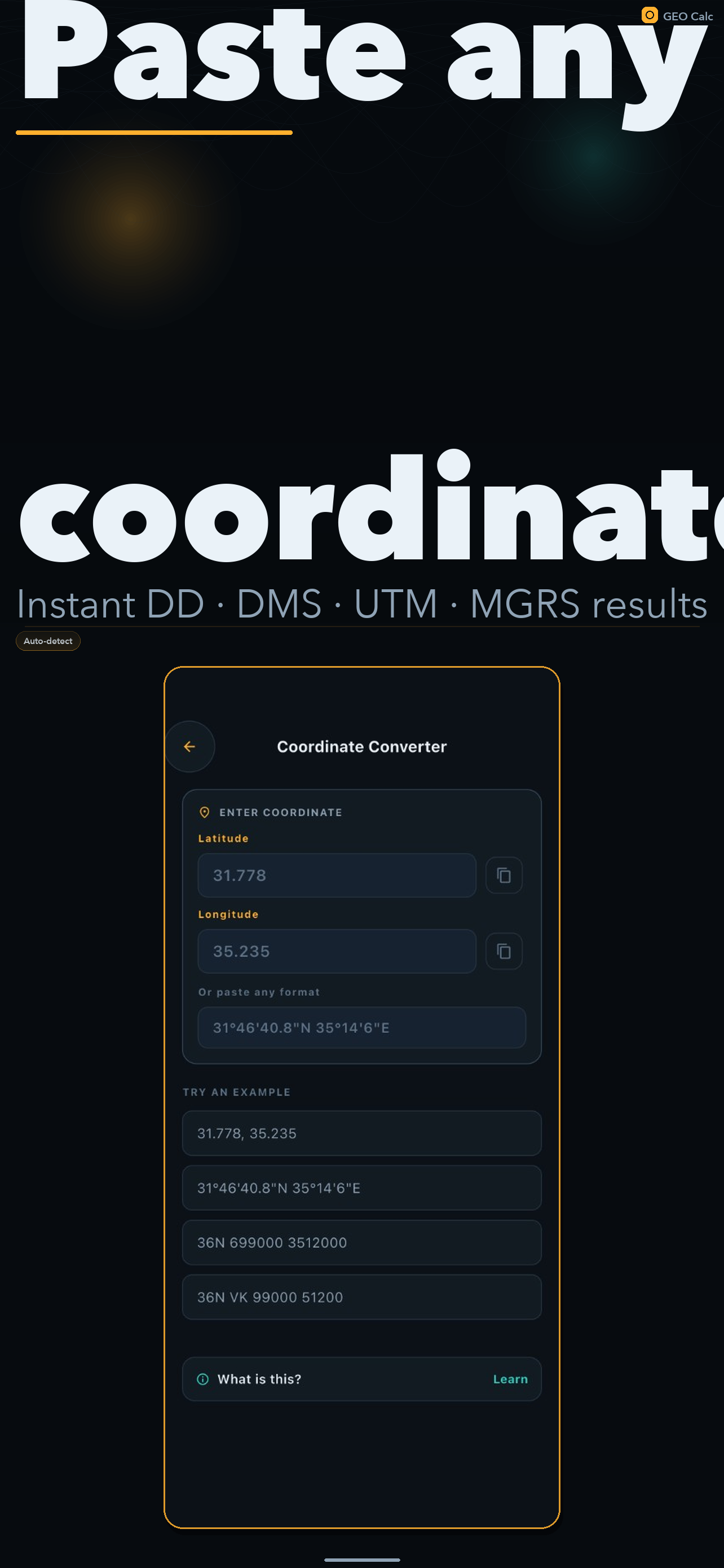 GEO Calc coordinate converter showing UTM and decimal degrees