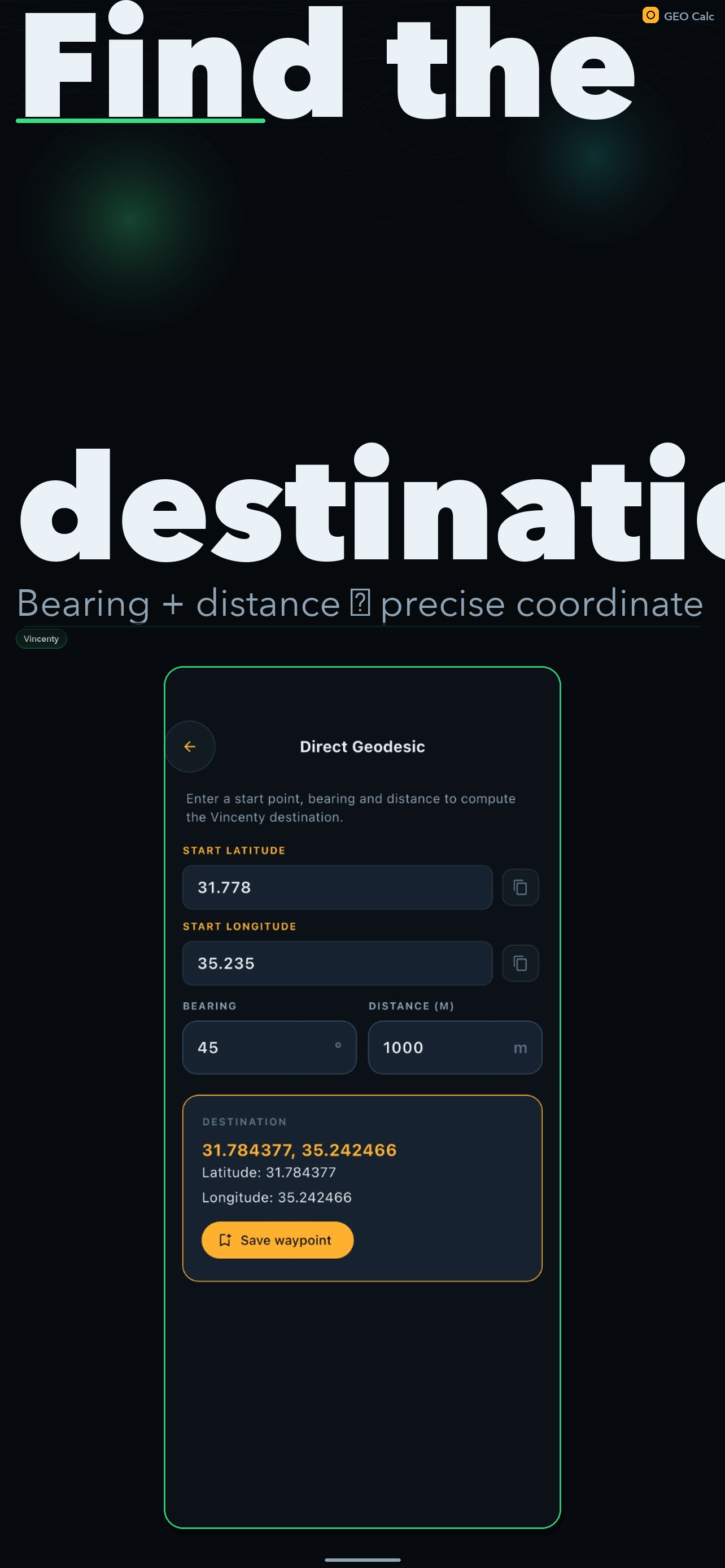GEO Calc geodesic direct coordinate calculator