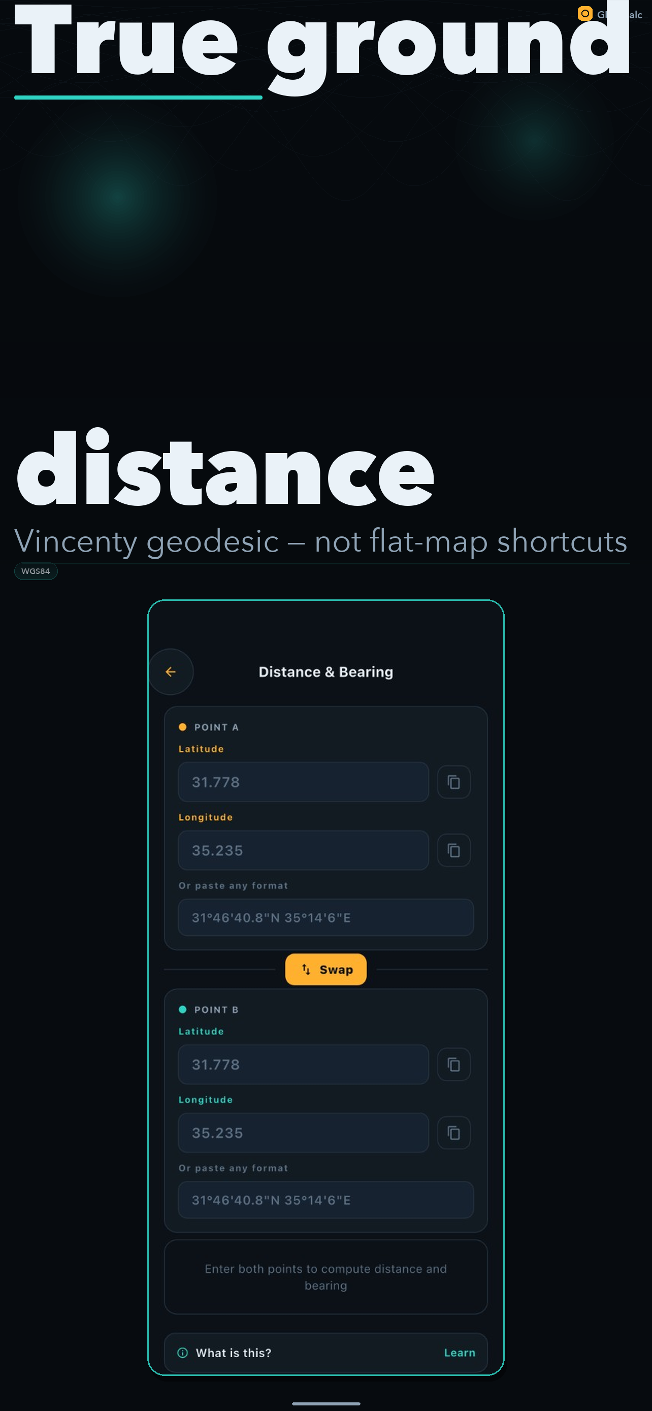 GEO Calc distance and bearing calculator