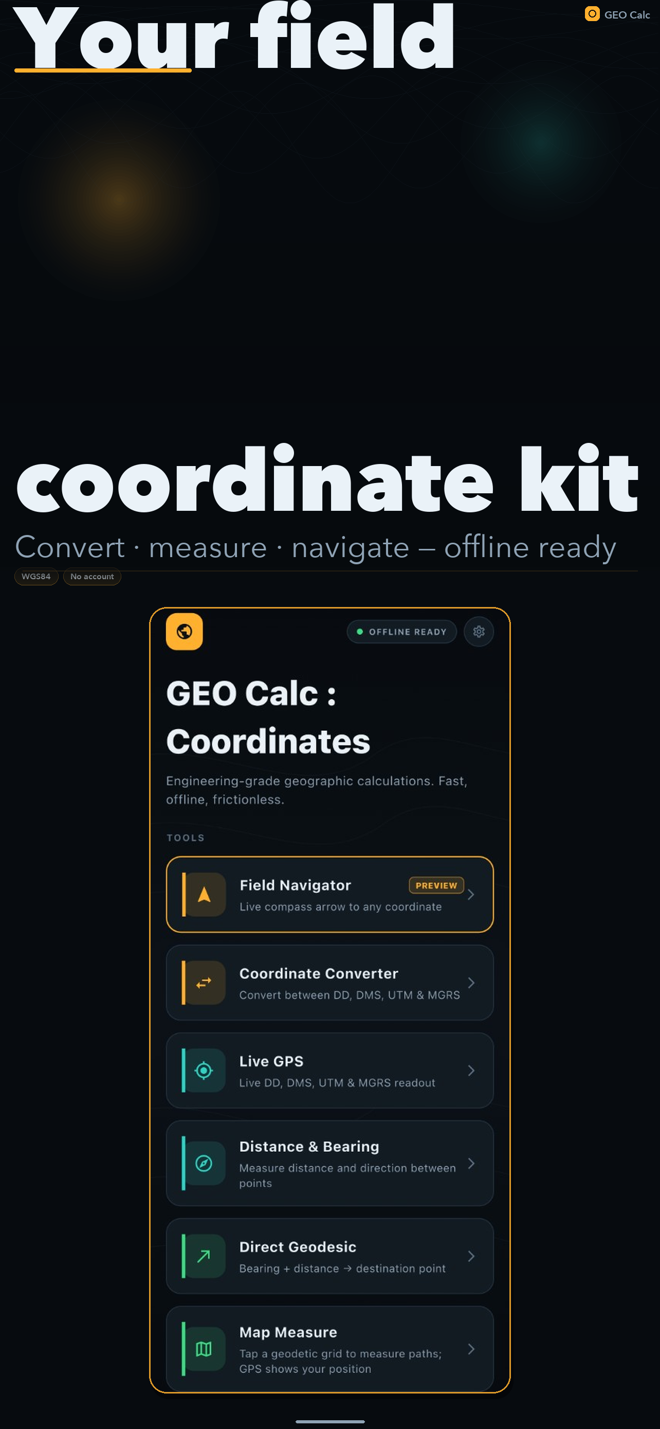 GEO Calc home screen — WGS84 coordinate tools offline