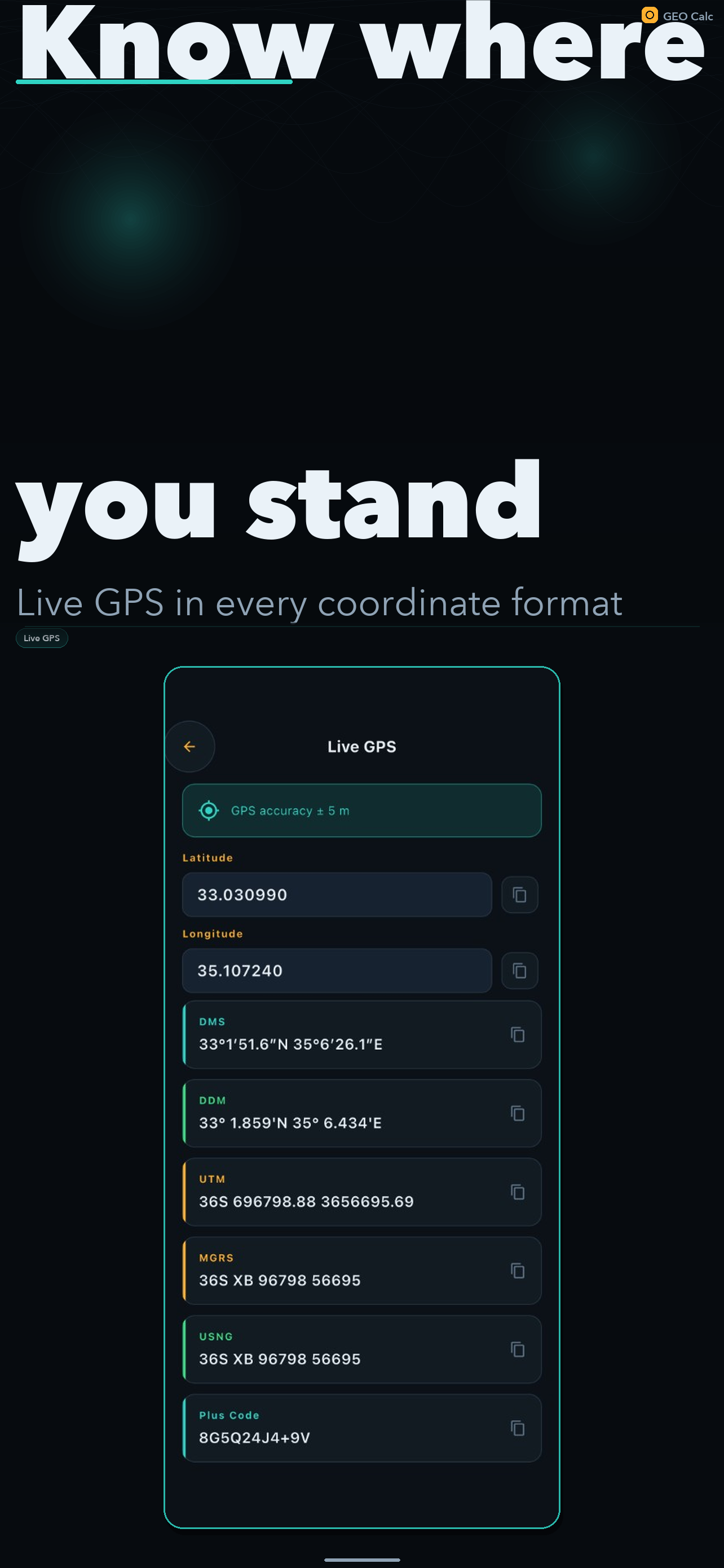 GEO Calc live GPS coordinate readout