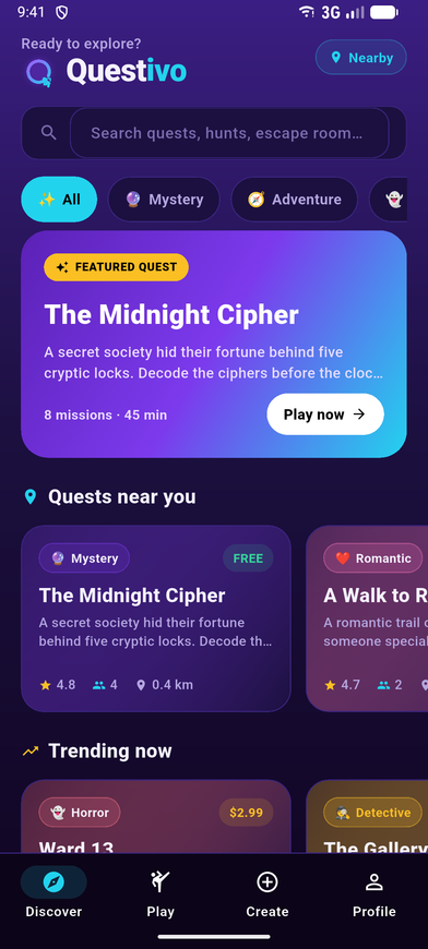Questivo discover screen showing quest listings