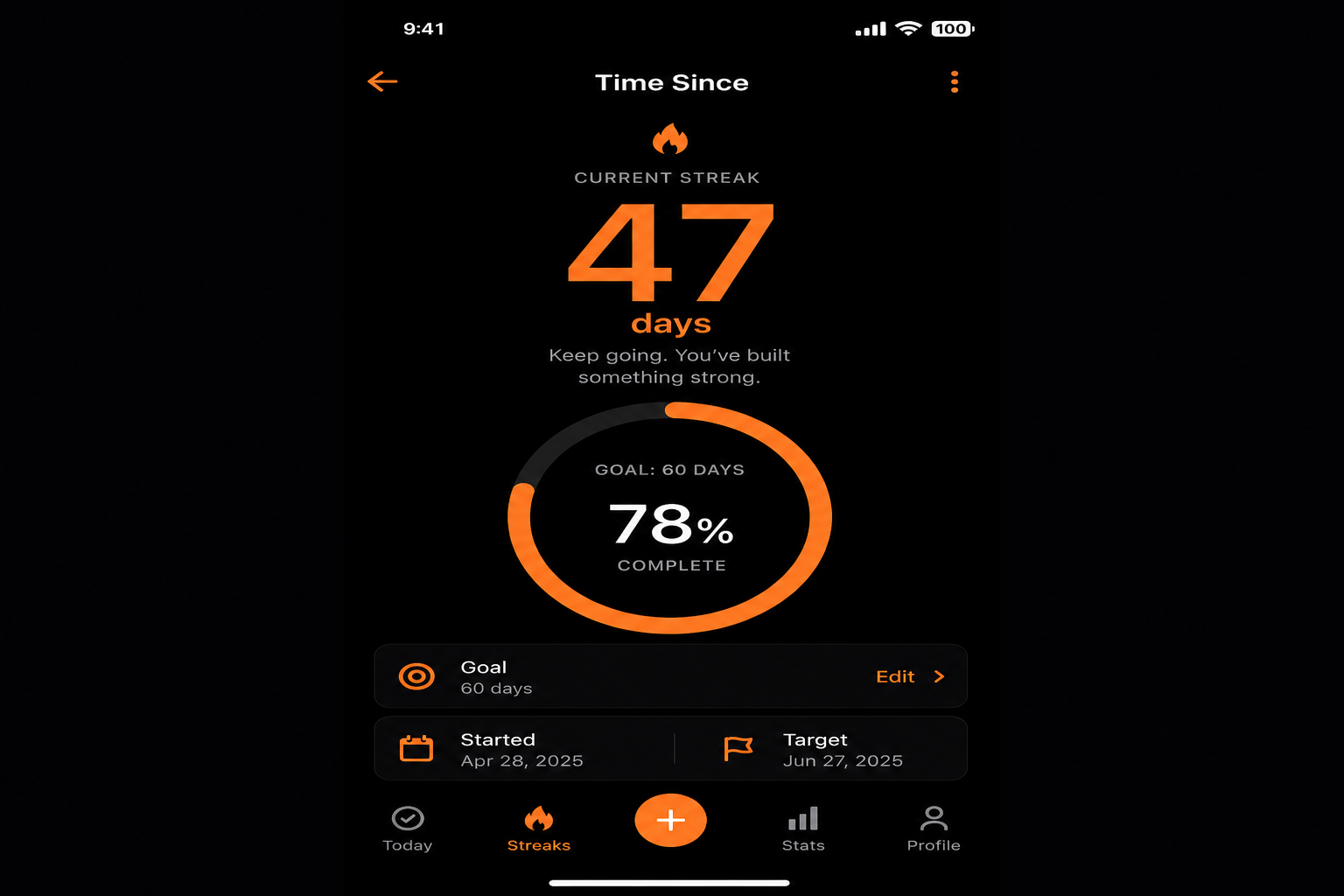 Time Since streak detail with day counter and goal ring