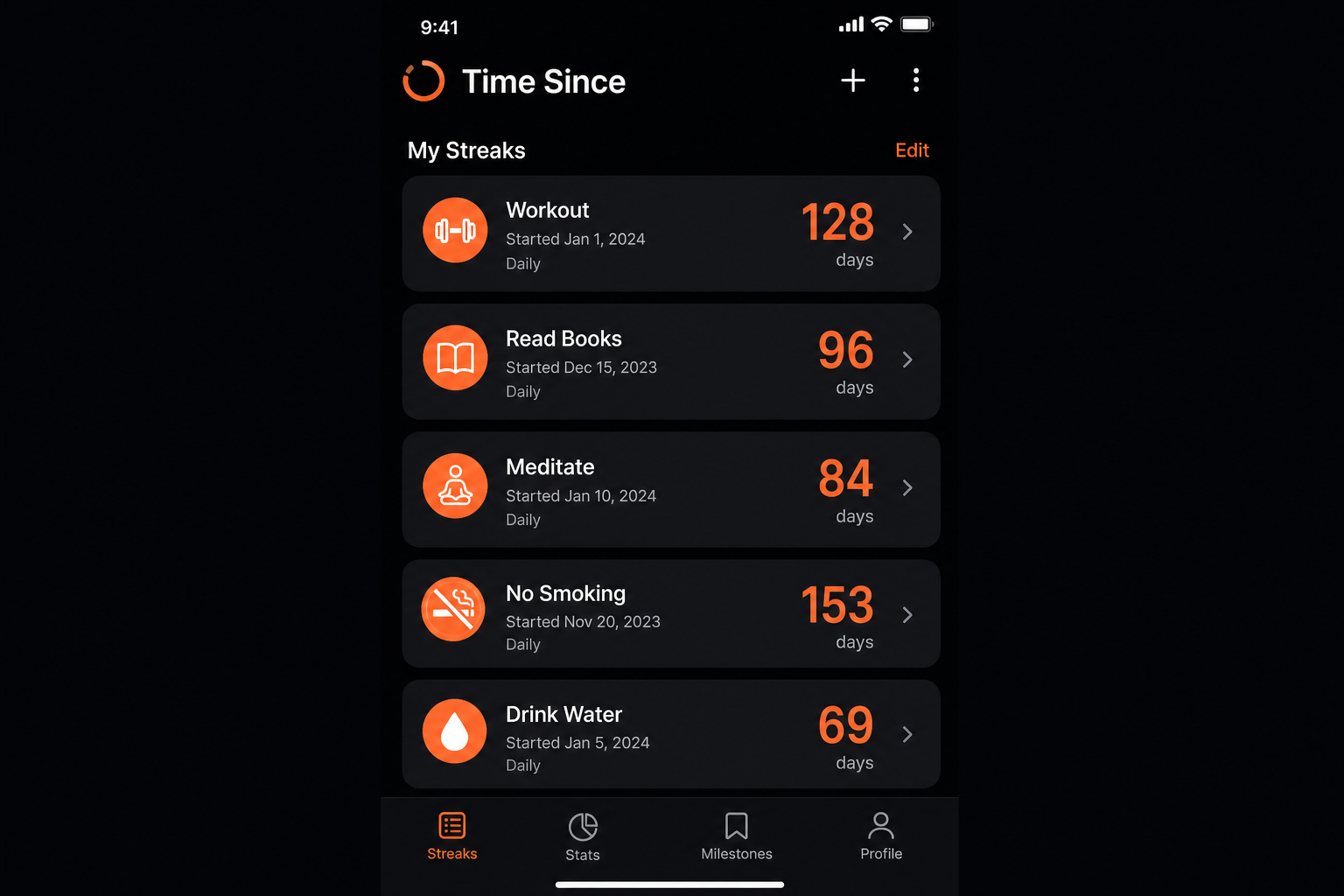 Time Since home screen with multiple streak cards