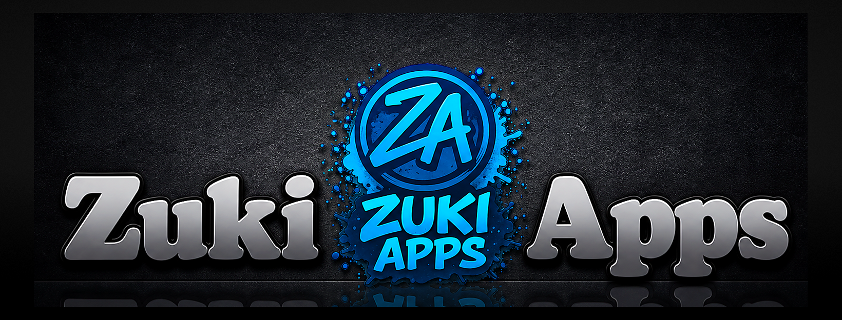 Zuki Apps Facebook cover: silver Zuki and Apps wordmark flanking the blue ZA logo with paint splash, on a dark reflective background