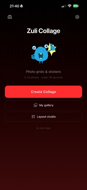 Zuli Collage home screen with Create Collage, My gallery, and Layout studio
